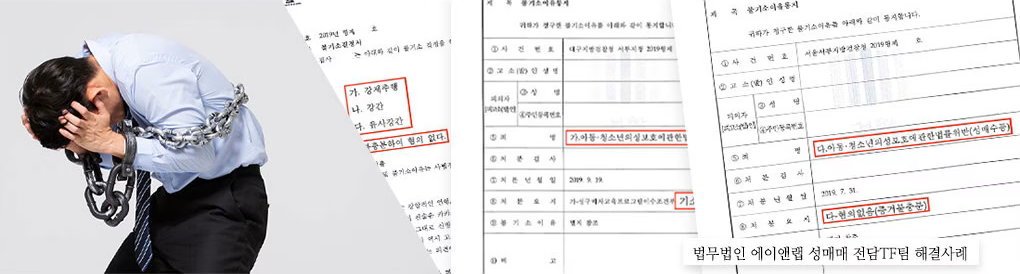 사슬에 묶인 남성과 서류 캡처, '해결사례' 문구